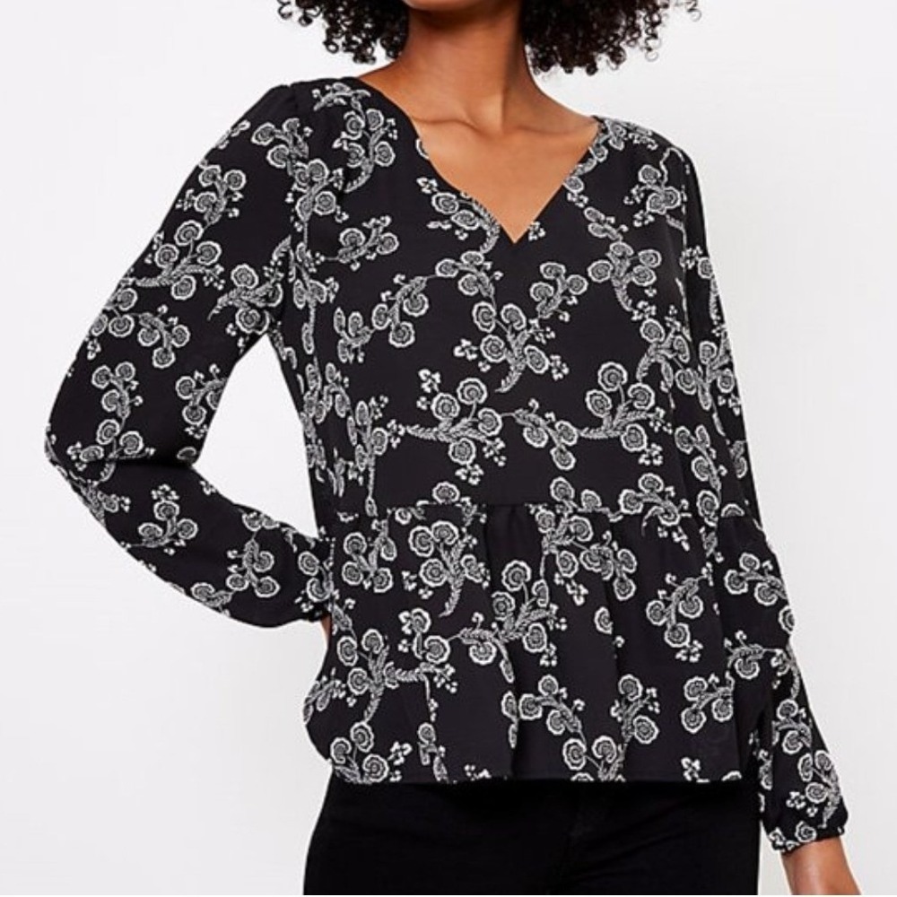 LOFT Plus Black White Floral Peplum Blouse V-Neck Long Balloon Sleeve Top Sz 14